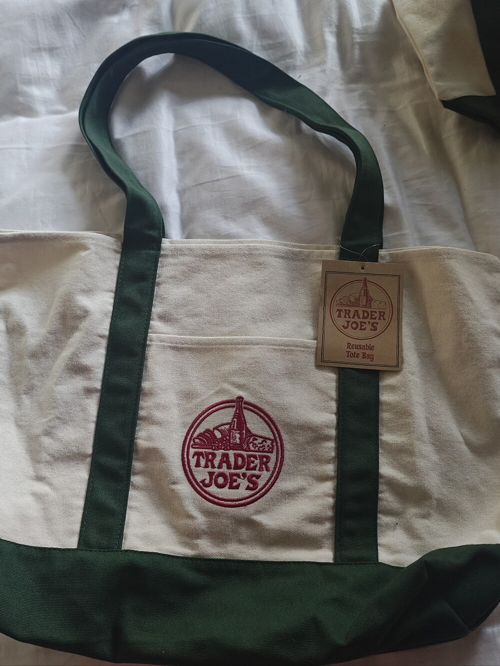 NWT! LIMITED EDITION Trader Joe's large canvas Tote Bag cream with Green Trim